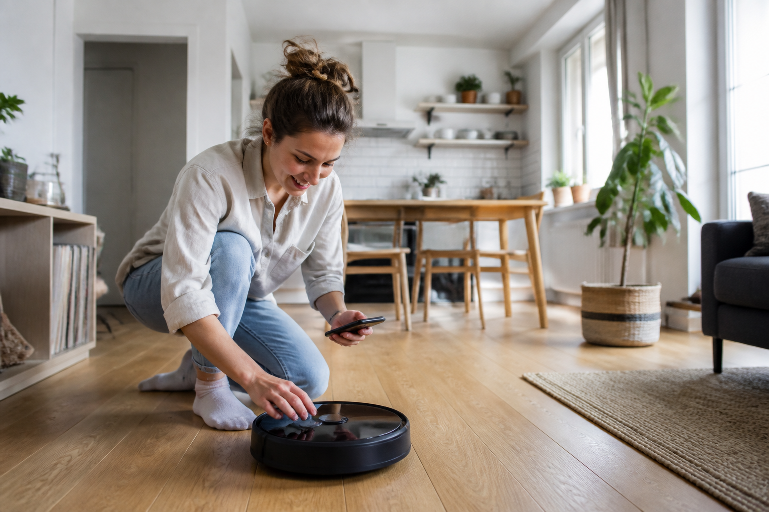 Setting up a robot vacuum in a bright apartment